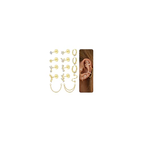 Cartilage Earrings for Women - 14K Gold Plated Flat Back Helix Conch Tragus Piercing Jewelry Single Stainless Steel Stud Earrings Hoops Stackable Set - color: Gold Tone