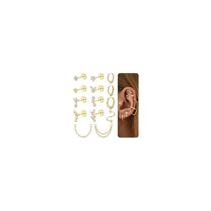 Cartilage Earrings for Women - 14K Gold Plated Flat Back Helix Conch Tragus Piercing Jewelry Single Stainless Steel Stud Earrings Hoops Stackable Set - color: Gold Tone