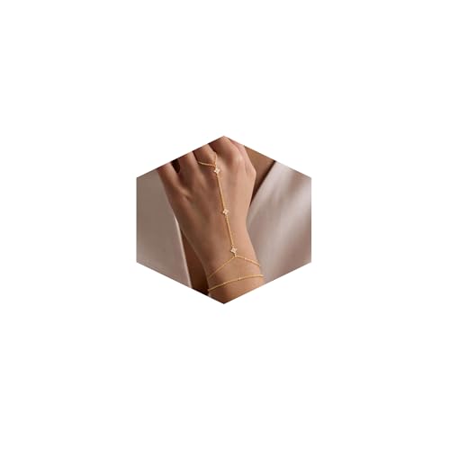 Mothers Day Gifts 14K Gold Plated Hand Chain Bracelet for Women, Stackable Gold/Silver Finger Ring Bracelet Hand Chain Dainty Non Tarnish Waterproof CZ Satellite Bead Link Adjustable Jewelry - color: Gold-Style 4