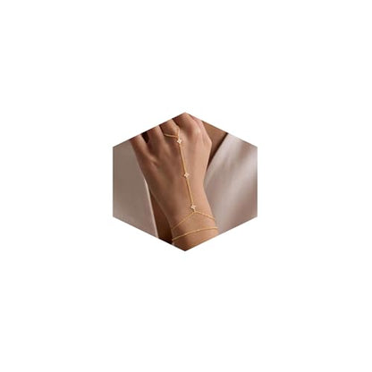 Mothers Day Gifts 14K Gold Plated Hand Chain Bracelet for Women, Stackable Gold/Silver Finger Ring Bracelet Hand Chain Dainty Non Tarnish Waterproof CZ Satellite Bead Link Adjustable Jewelry - color: Gold-Style 4
