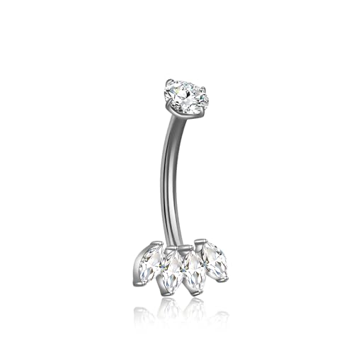 XUU Titanium Belly Button Rings 14G, Implant-Grade Navel Piercing, Luxury CZ Shape with Flower Butterfly, Hypoallergenic Curved Barbell Jewelry for Women, Gold or Silver - style: Marquise-Silver