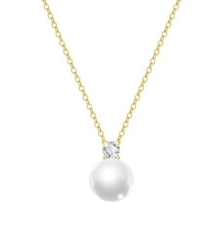Pearl Necklace for Women 925 Sterling Silver Single Pearl Jewelry with Shell Pearl Pendant - Dainty Choker Necklace Suitable for Anniversary, Wedding, Birthday Gifts - color: CZ Gold