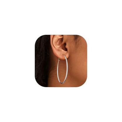 FOCALOOK 14K Gold Plated Lightweight Large Hoops| 2mm Thin Hoop Earrings for Women 30/40/50/70/100mm - color: 01.Silver, size: 50mm