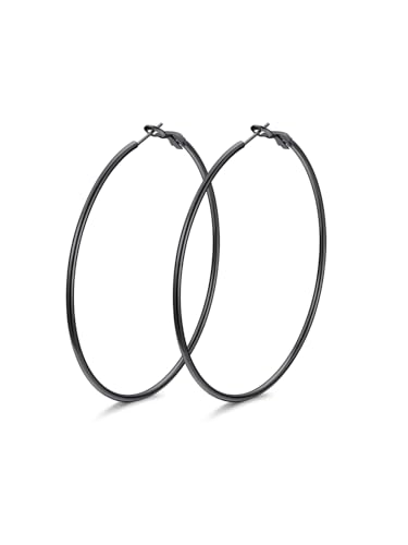 FindChic Thin Hoop Earrings for Women,Silver/Black/Gold Plated 20-100mm - color: Black, size: 70mm