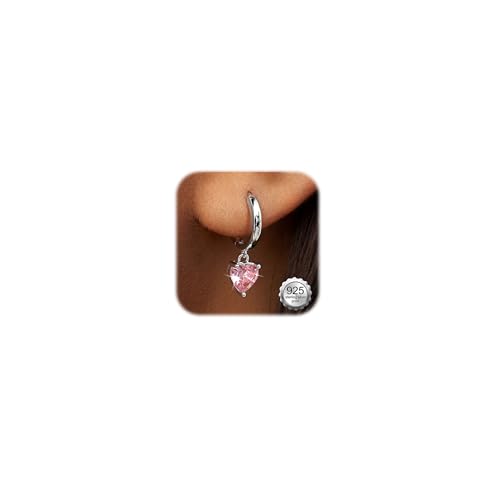 FIBO STEEL 14K Gold Plated Hoop Earrings with Charms for Women Huggie Hoops | Hypoallergenic 925 Sterling Silver Post Dangle Earrings Small Silver Gold Hoops Earring Cubic Zirconia Dangle Drop Jewelry - color: Pink Heart - Silver Plated