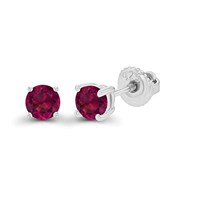 14K Gold Plated 925 Sterling Silver Hypoallergenic 4mm Round Genuine Birthstone Solitaire Screwback Stud Earrings - color: Ruby Created