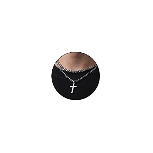 Zocomi Cross Necklace for Men Boys, Stainless Steel Layered Cuban Link Herringbone Chain Cross Pendant Christian Fashion Jewelry Gifts 16-24 Inches - color: Silver, size: 22inch/24inch, style: Cuban+Cuban
