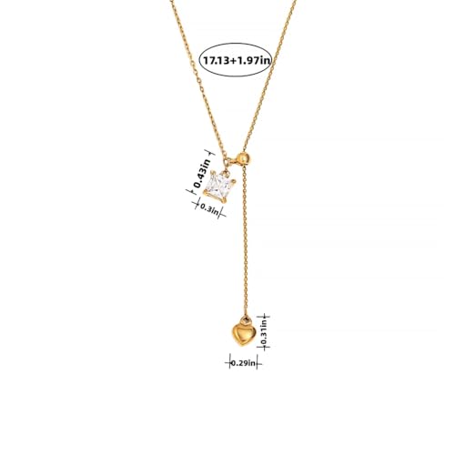 Lariat Necklaces for Women, Dainty Minimalist Knotted Rope Design Pendant Long Y Necklaces 18k Gold Plated Trendy Chain Jewelry - color: Gold, style: Square CZ and Heart