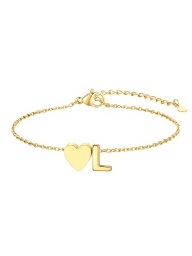 KeyStyle Initial Heart Bracelet for Women Waterproof Stainless Steel Chain | 14K Gold Plated /Silver A-Z Letter Adjustable Charm Bracelet, Hypoallergenic Non Tarnish Dainty Gift for Everyday Wear - color: 14K Gold Plated-L