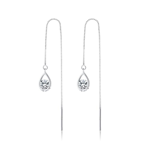 Reffeer Solid 925 Sterling Silver CZ Droplet Chain Dangle Earrings for Women Teen Girls Tassel Dangle Earrings Threader - color: A-Silver