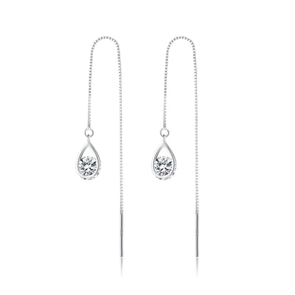 Reffeer Solid 925 Sterling Silver CZ Droplet Chain Dangle Earrings for Women Teen Girls Tassel Dangle Earrings Threader - color: A-Silver