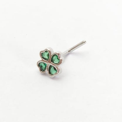 2Pcs 20G CZ Four Leaf Clover Nose Studs Rings for Women Gold Silver L-Shaped Surgical Steel Nose Stud Ring ST Patricks Day Nose Nostril Piercing Jewelry - color: Silver