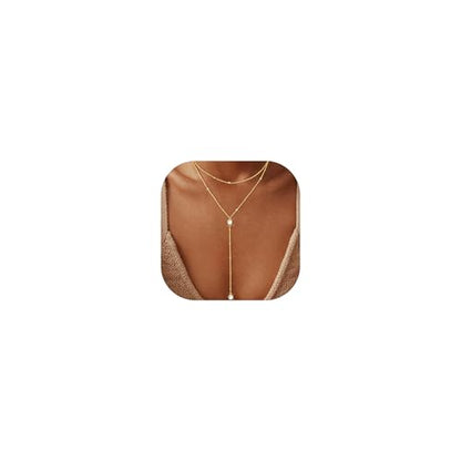 iF YOU Lariat Gold Long Necklaces for Women Trendy, Dainty 14K Gold Plated Drop Chain Necklace, Layered Rosary Beaded Y Necklaces Summer Beach Jewelry Gifts - color: Bead CZ layered necklace-GLD
