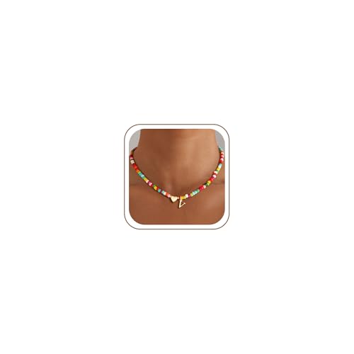 M MOOHAM Initial Necklace for Women Girls, Colorful Beaded Necklace, A-Z | Necklace for Women Girls, Dainty Heart Initial Necklace, 14K Gold Plated, Personalized Birthday Gifts for Teen Girl Jewelry - color: V