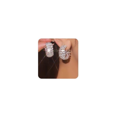 Octwine Boho Women Silver Rhinestone Hoop Earrings Sparkly Rhinestone Circle Statement Earrings Bridal Wedding Prom Bar Earrings