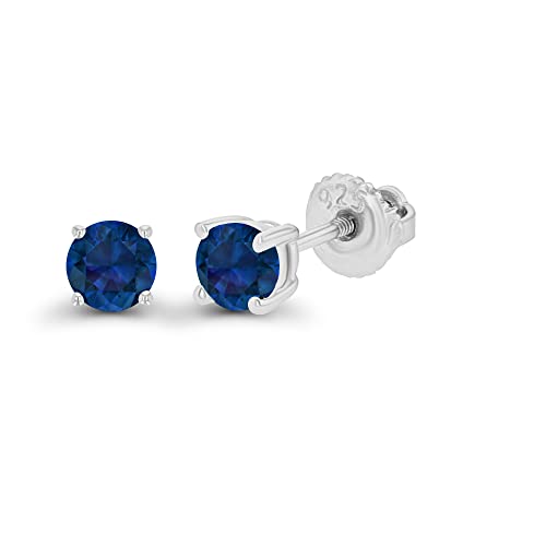 14K Gold Plated 925 Sterling Silver Hypoallergenic 4mm Round Genuine Birthstone Solitaire Screwback Stud Earrings - color: Blue Sapphire Created