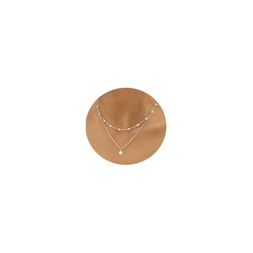 Gold Pearl Necklace For Women - 14K Gold Plated Layered Herringbone Chain Pearl Necklace, Trendy Simple Gold Jewelry Gift - color: Layered Satellite Pearl-Silver