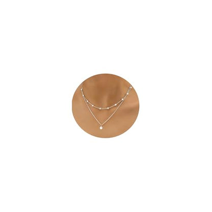 Gold Pearl Necklace For Women - 14K Gold Plated Layered Herringbone Chain Pearl Necklace, Trendy Simple Gold Jewelry Gift - color: Layered Satellite Pearl-Silver