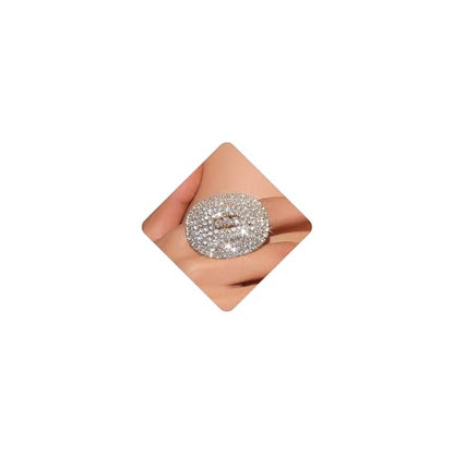 Rhinestone Finger Ring for Women Sparkly Crystal Butterfly Flower Leaf Adjustable Statement Chain Rings Punk Jewelry - color: Gold Oval