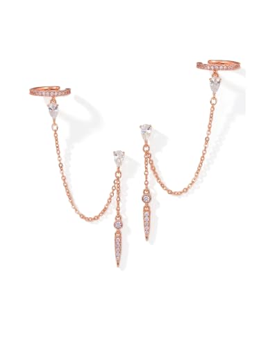Gold Earrings for Women Trendy 14K Gold Plated Dangle Earrings Small Hoop Huggie Drop Stud Earrings Cubic Zirconia Simple Minimalist Dainty Chain Tassel Hypoallergenic Earrings - color: Ear Cuff & Rose Gold