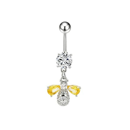 14G Bee Dangle Belly Button Ring, Cubic Zirconia Crystal Honeybee Navel Piercing Barbell Belly Body Jewelry for Women - color: Silver