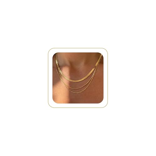 Tewiky Layered Necklaces for Women 14k Gold Plated Chain Necklace Set | Chunky Herringbone/Snake/Rope/Box/Cuban Link Chain for Women, Layering Stack Choker Necklace, Dainty Jewelry Set Non Tarnish - color: 3 Necklace Set Gold