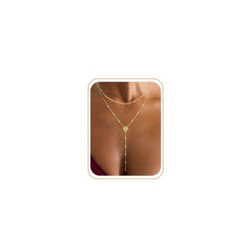 CHESKY Lariat Gold Necklace for Women, Dainty Long Necklace 14k Gold Plated Y-Shaped Pendant Necklace Trendy Layered CZ Beaded Chain Drop Necklaces Simple Gold Jewelry for Women Gifts - color: 7