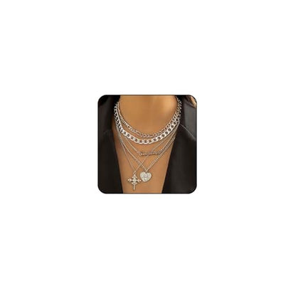 Chunky Gold Necklace Stack Layered Gold Necklaces for Women Non Tarnish Silver Statement Necklace Paperclip Chain Necklace Set Layering Big Heart Coin Cross Necklace Chunky Jewelry - style: 3 - silver with cross
