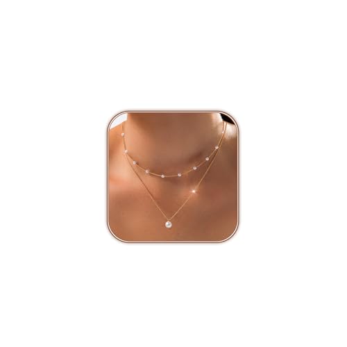 OGD Gold Pearl Necklace Set for Women 14K Plated Layered Daisy Choker Gift - color: Gold Pearl Necklace-2PCS