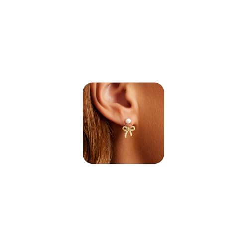 Chunky Hoop Huggie Dangle Tassel Pearl Bow Heart Charm Stud Cilp-on Earrings for Women, 14K Gold plated/Sterling Silver Plated CZ Large Jewelry Vintage Dainty Trendy Gift Daily Prom Party - style: Pearl Bow-GD