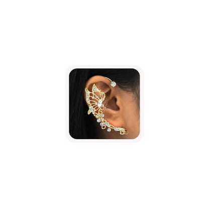 2Pcs Butterfly Ear Cuffs Rhinestone Clip On Earrings | Rhinestone butterfly ear cuffs with non piercing clip on design; silver ear wrap climber jewelry for parties and weddings - style: Style A Gold