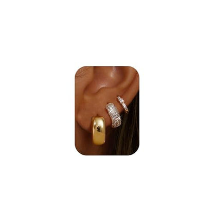 LOLIAS Small 14K Gold Plated Chunky Hoop Earrings for Women Hypoallergenic Silver Earrings Set for Sensitive Ears Non Tarnish Huggie Hoops Earring Stacks for Multiple Piercing Jewelry Lightweight 3Pairs - style: Chunky-14K Gold Plated