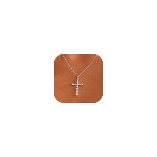 Cross Necklace for Women, 14K Gold Plated Cubic Zirconia Cross Pendant Necklace, Trendy Christian Jewelry Gifts for Baptism First Communion Christmas - color: Style I - Silver