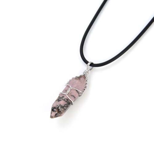 Adabele 1pc Natural Gemstone Bullet Pendant Necklace 18 Inch Crystal Stone Quartz Reiki Chakra Energy Rock PU Leather Cord Necklace Waterproof Women Jewelry - color: Rhodonite (Pink & Black)
