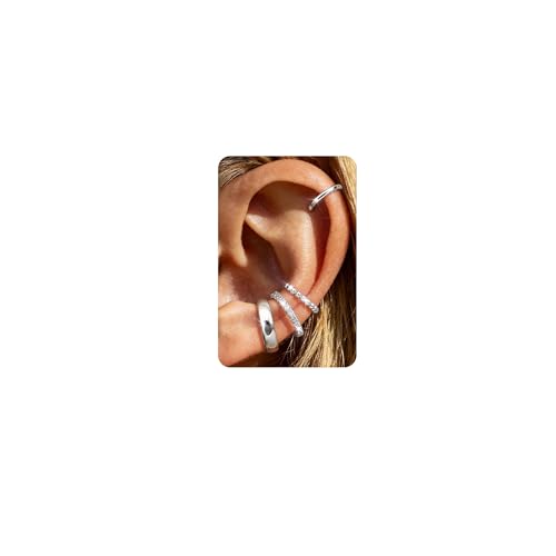 4Pairs 14K Gold Plated Ear Cuff Earrings for Women Non Piercing Jewelry | Hypoallergenic Earring Cuff for Sensitive Ears 14K Gold Silver Plated Non Tarnish Clip On Cartilage Fake Earring Set Trendy - color: Silver Plated Tone
