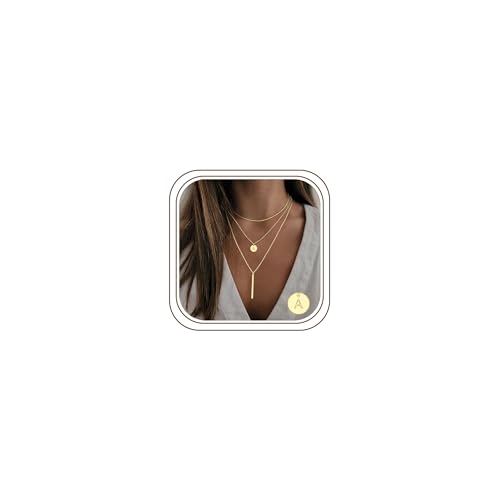 Initial Layered Necklaces for Women, 14K-Gold-Plated Coin Letter Necklace Bar Stacking Layer Necklace Multi Bar Layering Y-Necklaces Jewelry for Women - color: 14K-Gold-Plated, style: A"