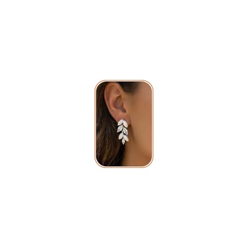 Pearl Earrings - 14K Gold/White Gold/Rose Gold Plated Cubic Zirconia CZ Diaomond Accented Pearl Drop Dangle Earrings for Women Wedding Bridal Prom - color: Silver leaf design