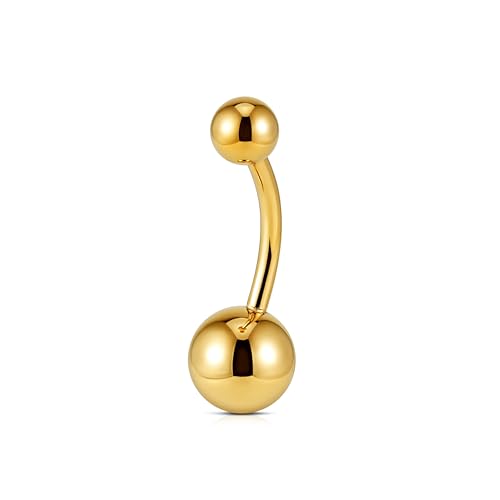 FINE4U ASTM F136 Solid Titanium Belly Button Ring 14G 8mm 10mm 12mm - Hypoallergenic Belly Piercing Jewelry with Cubic Zirconia, Short Bar Navel Piercings Gift for Women - color: Gold Ball, size: 14G (1.6mm), 1/2