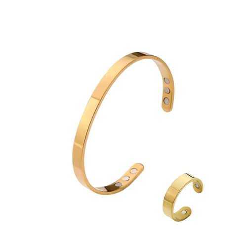 Calming Bracelet Ring Set for Women, Menopause Bracelets Adjustable Bangle Stainless Steel Cuff Climacterium Anxiety Stress Relief Energy Open Jewelry Gift - color: Gold + Gold