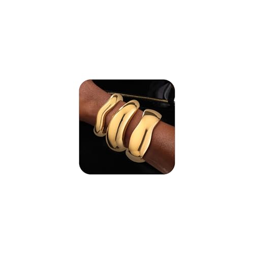 Honsny 2-3Pcs Chunky Gold Bangle Bracelets for Women Non Tarnish Stackable 14K Gold Plated Charm Cuff Bracelet Stack for Women Trendy Dainty Big Bangles Waterproof Jewelry Fashion Gifts