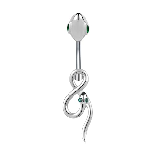 14G Surgical Stainless Steel Dangle Belly Button Rings for Women Belly Ring Dangling Piercing Jewelry CZ Snake lizard Skull Spider bat Halloween Party Punk Rock - style: Green eyed snake shape