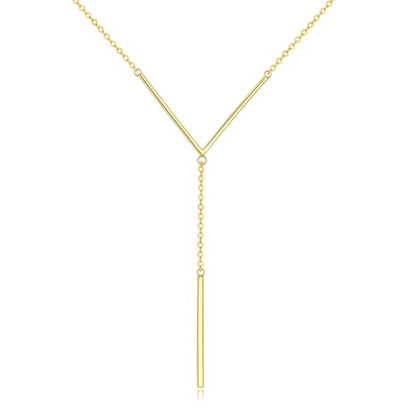 Hancock Sterling Silver Long Bar Necklace Y Shape Necklace for Women Gold Plated Drop Lariat Chain Necklace Minimalist Jewelry