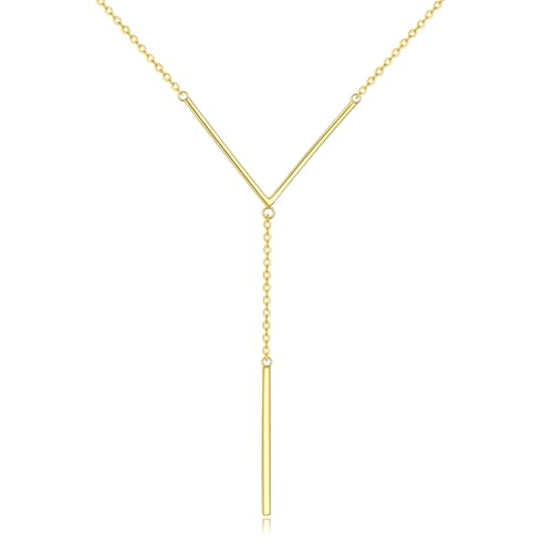 Hancock Sterling Silver Long Bar Necklace Y Shape Necklace for Women Gold Plated Drop Lariat Chain Necklace Minimalist Jewelry