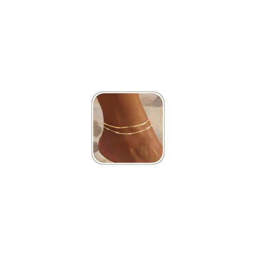 NIXMAX Gold Anklets for Women, Waterproof Chain Trendy Ankle Bracelets | Non Tarnish, Adjustable Fit, 14K Gold Plated, Dainty Layered Looks, Summer Beach Vacation Body Jewelry, Gifts for Women - color: Gold-herringbone/strip chain-1 piece