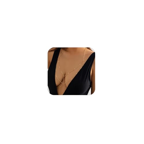 Gold Chain Belt - Fashion Waist Chain Belt with Moon, Butterfly Rhinestone & Layered Design - color: B1 -1pcs bra chain- gold