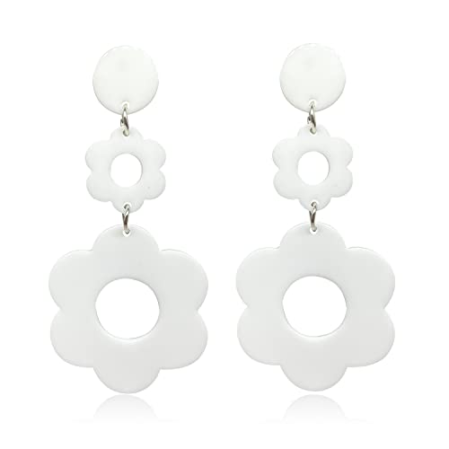 Handmade Acrylic Flower Earrings - Bohemian Double Daisy Drop Resin Flowers Dangle Earrings for Women Girls 70s 80s Party Accessories - color: white
