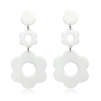 Handmade Acrylic Flower Earrings - Bohemian Double Daisy Drop Resin Flowers Dangle Earrings for Women Girls 70s 80s Party Accessories - color: white