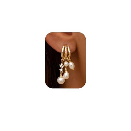 MILACOLATO 925 Sterling Silver Dangle Earrings for Women Hypoallergenic | Trendy 14K Gold Plated Triple Huggie Hoop Earrings Dainty Chain Drop Cubic Zirconia Earring Statement Hoops Fashion Jewelry - color: Pearl Chain New