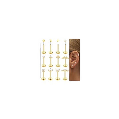 Fansilver 14K Gold Plated Threadless Flat Back Earrings for Women Men | 316L Surgical Steel Push in Nose Piercings Lip Rings,CZ Nostril Helix Conch Medusa Tragus Piercing Jewelry,16/18/20G,6/8mm - color: Gold Plated, size: 18G:8mm
