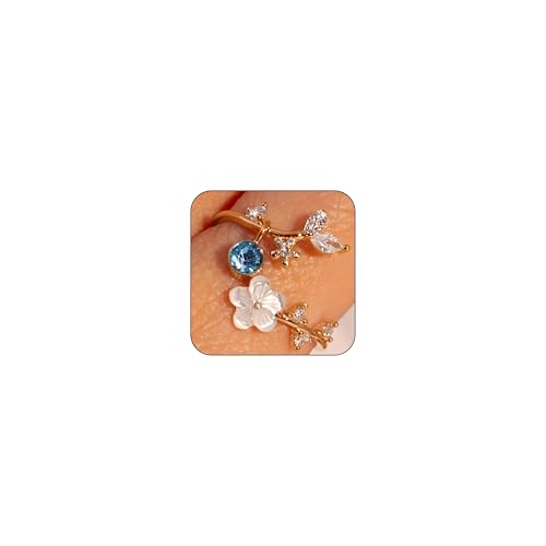 Birthstone Flower Rings For Women Non Tarnish Gemstone Cubic Zirconia Mother of Pearl Adjustable Size 7-11 Silver Rose 14K Gold Plated Birth Jewelry Gift For Birthday - color: Gold, size: 03:Aqua blue